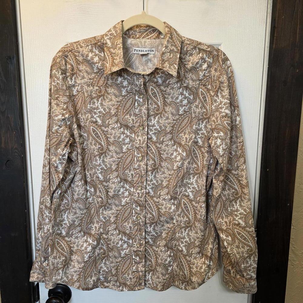 Pendleton Women's Long Sleeve Brown Paisley Print Pearl Snap- size Large